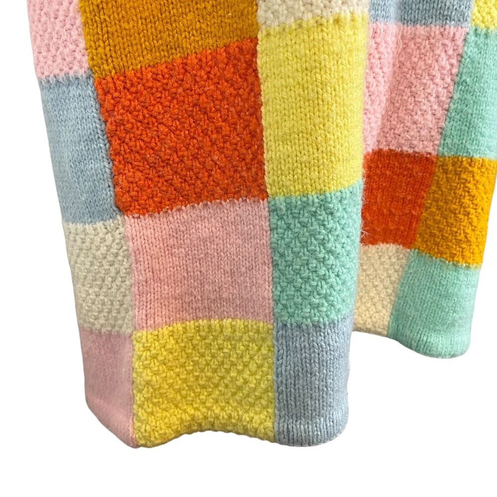 Vintage Peterpan Collar Brady Bunch Groovy Checkered Sweater 70s Patchwork M - Picture 2 of 14